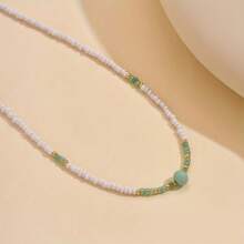 1 Piece Bohemian Style Glass Bead Necklace - Green Gold Color Accented Handmade Beaded Jewelry, Women's Daily Accessory, Versatile All Seasons - 黑與白 - 查看 3