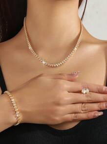 3pcs Cubic Zirconia Jewelry Set, Including Silver Stud Earrings, Tennis Bracelet, And Necklace, Bridal Wedding Party Accessories, Holiday Vacation Decor, Gift For Wife, Girlfriend, Office Lady - Gold - View 3