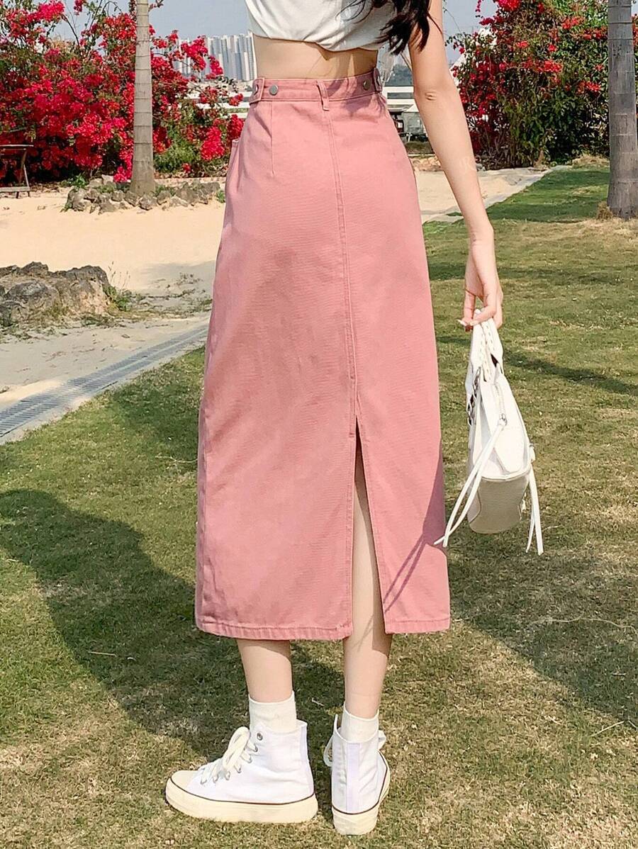 Women's Adjustable Waist Casual Vintage Washed Slit Midi Denim Skirt, Loose & Flattering