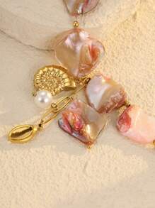 1 pieza Pulsera de acero inoxidable chapada en oro de 18K con concha y caparazón asimétricos, joyería de estilo oceánico de moda adecuada para mujer, uso diario, playa y como regalo