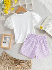 2pcs Girls Cute 3D Floral Lace Bowknot Splicing Chiffon Short Sleeve Top + Bubble Jacquard Shorts Set, Suitable For Outdoor, Vacation, Summer