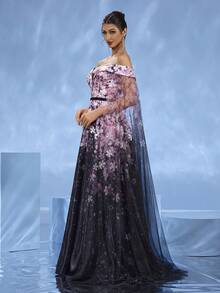 DELLA COUTURE 梦幻粉色碎花紧身修身晚礼服，飘逸薄纱设计，彰显高贵气质，腰部珠饰，优雅浪漫，拖地长裙，适合派对、晚宴、婚礼等正式场合，女士夏装 - 粉色 - 查看 10