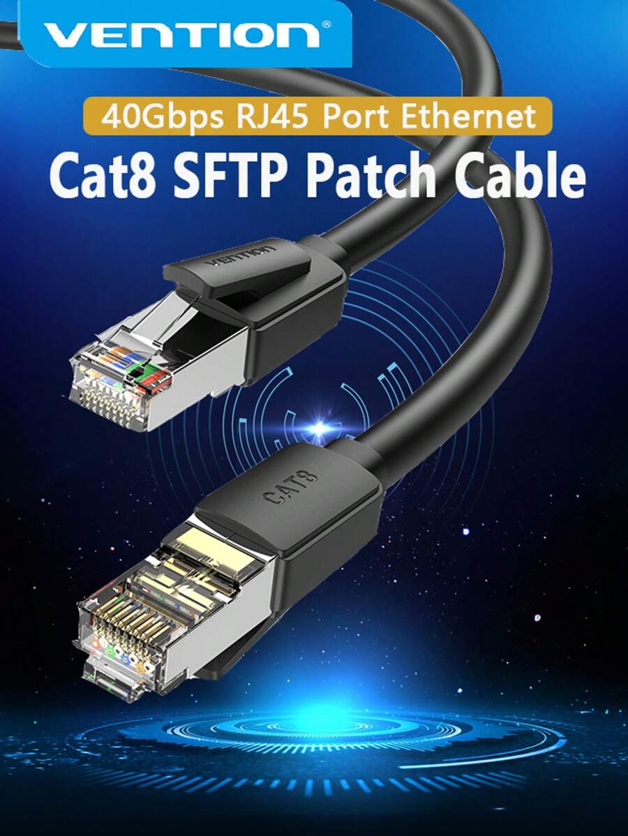 VENTION Cat.8 SFTP Ethernet Patchkabel 40Gbps RJ45 Anschluss Netzwerkkabel, 40Gbps Gaming Ethernet Kabel, PVC, schwarzes Kabel für Desktopcomputer, Laptops, Netzwerk Set-Top-Boxen, Router