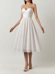 女士刺绣纹理纯色简约优雅性感修身吊带连衣裙，背面拉链适合夏季、正式派对、海滩度假，纯白色连衣裙适合毕业典礼/婚礼派对 - 白色 - 查看 9