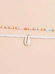 2pcs Bohemian Colorful Beads & Seashell Pendant Necklaces, Beaded Choker For Summer Beach - White - View 4