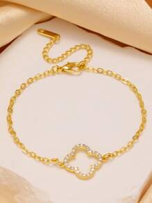 Elegante y brillante conjunto de pulsera de acero inoxidable con trébol de cuatro hojas en circonia, adecuado para uso diario y como regalo para amigos