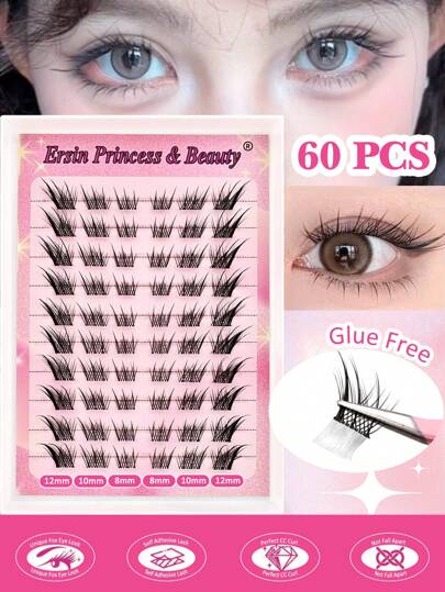 60片C型卷翘自粘蓬松假睫毛簇，长度8-16毫米混合，无需胶水，打造自然狐狸眼妆效，自粘单根假睫毛，DIY睫毛嫁接，预涂胶睫毛簇，自然纤长睫毛，猫眼睫毛簇，无需胶水，无需卸妆产品