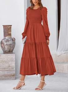 Women's Spring Wedding Guest Puffy Long Sleeve Maxi Dress Casual Round Neck Drawstring Layered A-Line Flutter Long Dress - 磚紅色 - 查看 1