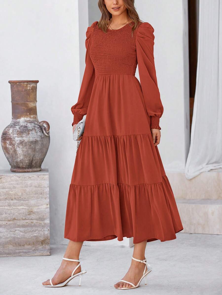 Women's Spring Wedding Guest Puffy Long Sleeve Maxi Dress Casual Round Neck Drawstring Layered A-Line Flutter Long Dress - 磚紅色 - 查看 1