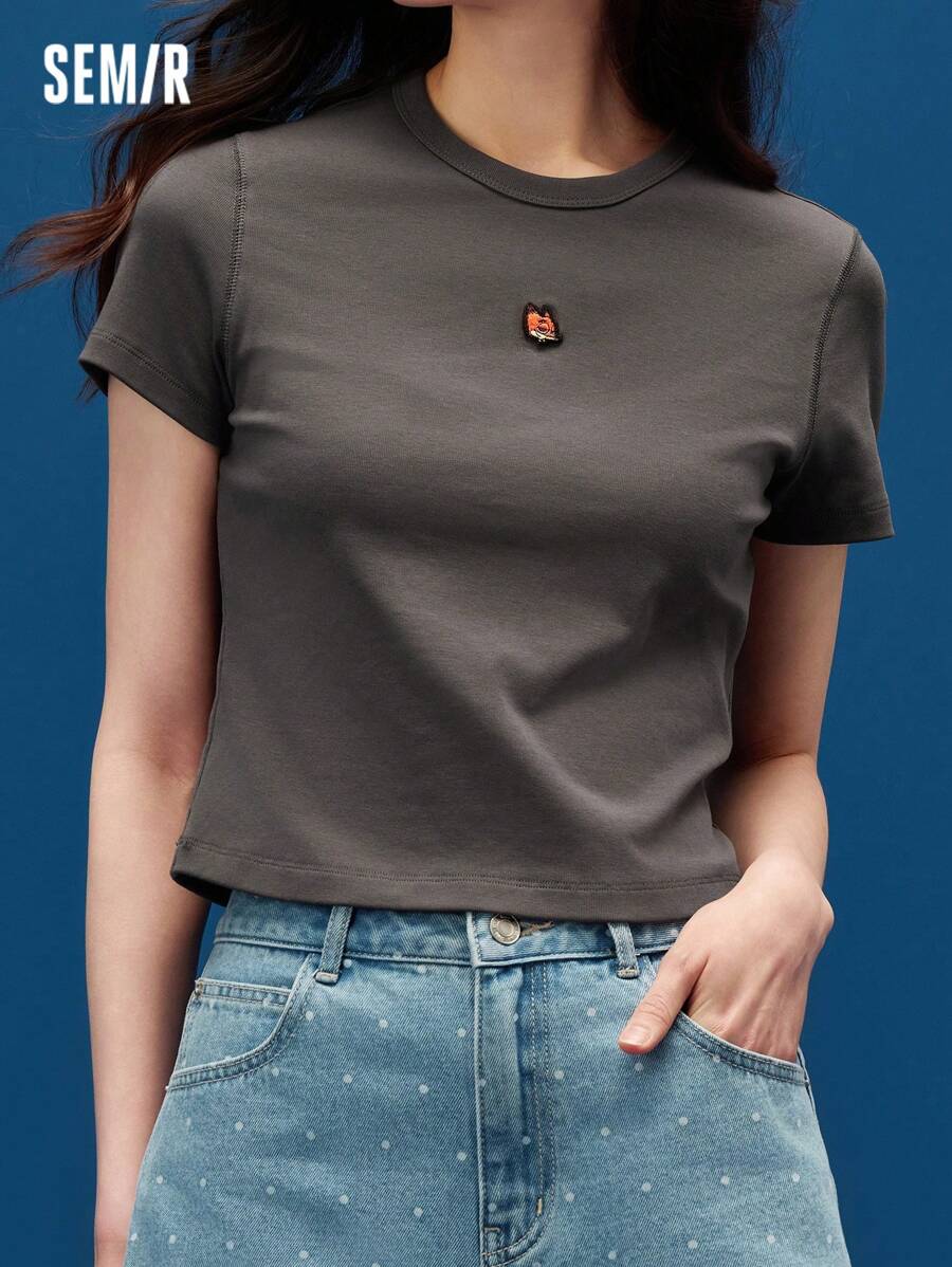 SEMIR Short Sleeve T-Shirt Women's Slim Fit Light Summer 2025 New Embroidered Sweatshirt Cute - Grey - View 1