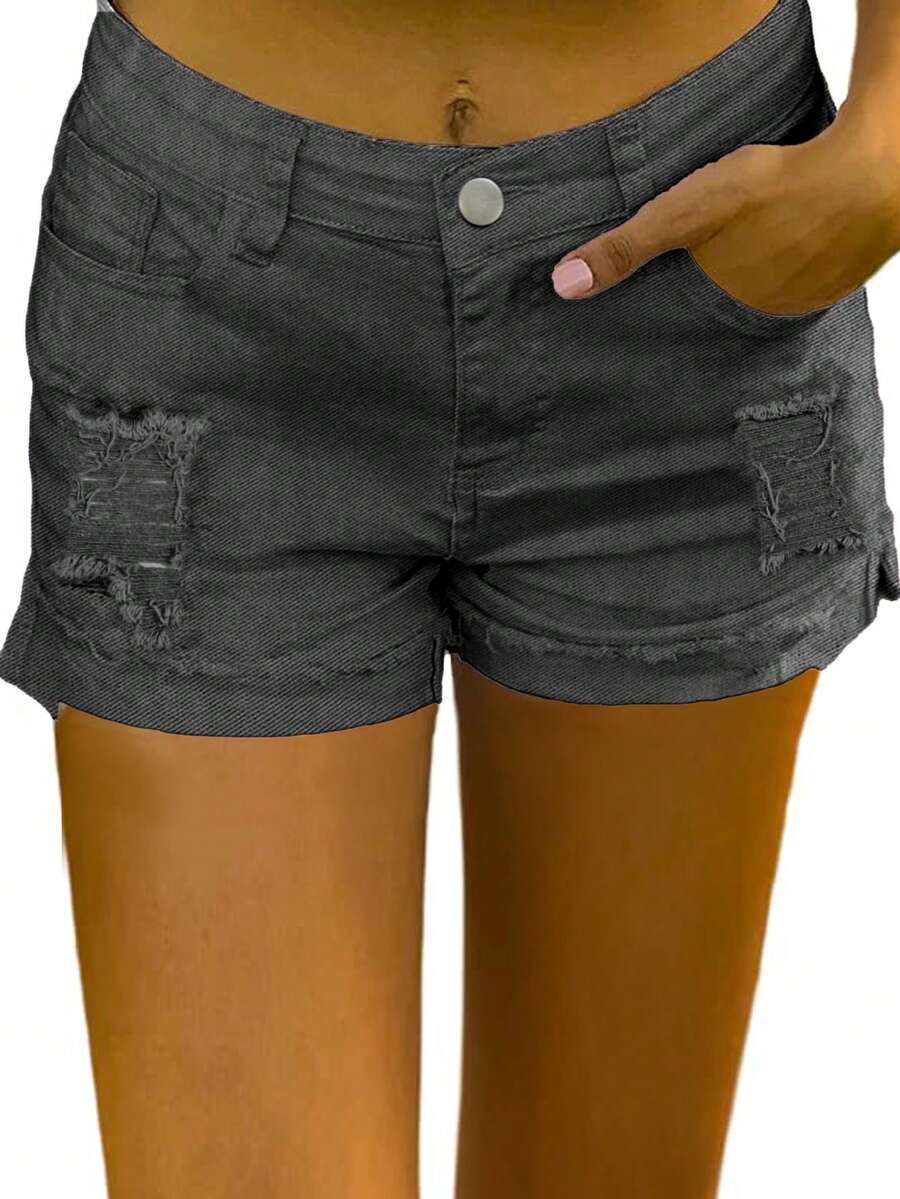 Women's Loose Vintage Style Distressed Denim Shorts With Pockets - Dark Grey - View 1