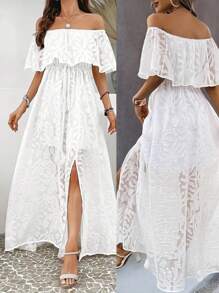 White Layered Off-Shoulder Dress With Lining, High Slit, Elegant Woven Fabric, Suitable For Weddings, Summer Clothes, Vacation Outfits, White Graduation Dress - White - View 10