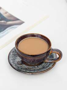 1pc 170ml Ceramic Coffee Cup & Saucer Set, Reactive Glaze Creative European Style Coffee Mug, Vintage Latte, Espresso, Breakfast Cup Back To School