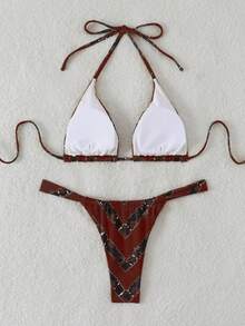 LUCKY HOLIDAY Fashionable Tie-Dye Print Triangle Bikini Set - Brown - View 3