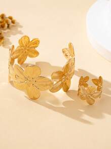 Bohemian Style Adjustable Metal Flower Bracelet And Ring Set, Suitable For Daily Wear And Gifting - Yellow Gold - View 4