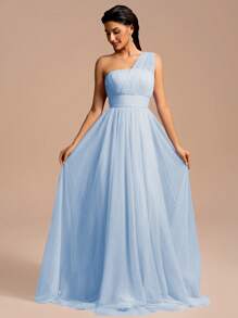 Elegant Long Mesh Shoulder Design Bridesmaid Dress Wedding Formal Gown - Baby Blue - View 5