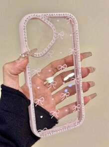 Una elegante funda para teléfono no incluye un cordón ni un soporte. Funda de lujo coreana con lazo, purpurina y diamantes, compatible con 16 15 14 13 12 Pro 11 14 15 Plus, cubierta transparente, regalo para chicas. - Rosa - Ver 2