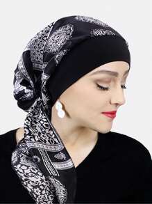 1pc Women's Satin Printed Headscarf Hat, Elastic Wide-Brim Sleep Cap, Head Wrap, Pirate Hat, Suitable For Daily Use - Multicolor - View 3