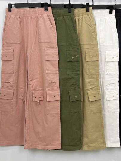 Pantalon estilo cargo multibolsas con estoperoles y resorte en la cintura que orma perfecto al cuerpo, 5 tonos tallas S M y L