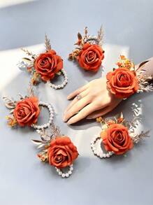 1 cái/6 cái hoa cài cổ tay bằng polyester màu cam phong cách Boho hình hoa hồng, phụ kiện cưới mùa hè cho cô dâu và phù dâu, phụ kiện ngày Valentine. - Màu Cam cháy - Xem 7