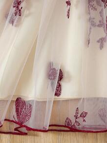 coviviky Top de manga corta acanalado y vestido con aplicación de mariposa bordada y sobrecapa de tul para niñas, cómodo y elegante para fiestas y eventos