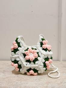 [Producto Terminado] Bolso bandolera pequeño con parches de flores esponjosas a doble cara, monedero dulce hecho a mano de ganchillo y tejido, para teléfono y monedas, accesorios