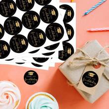 120pcs/10sheets Round Black & Golden Graduation Stickers - "Thank You For Celebrating With Me" Labels For Gift Wrapping, Envelope Seal & Party Favor Decor, Grad Party Gift Decoration - Multicolor - View 5