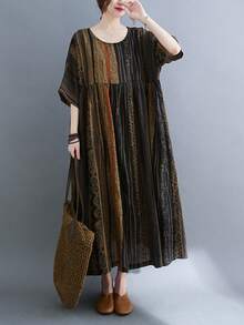 Top, 2025 Lato Nowa Czeska Pasiasta Sukienka Casualowa, Sukienka Damska, Codzienna Odzież Damska Plus-Size, Damska Plus-Size Luźna Sukienka Vintage Okrągły Dekolt I Rękawy Duży Swing Luźny