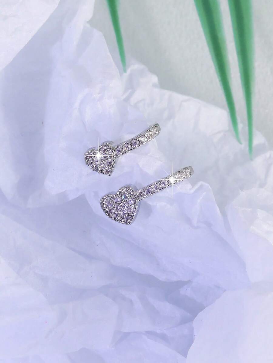 1pc Elegant Rhinestone Double Heart Minimalist Design Ear Cuff, Suitable For Daily, Party And Event Wear - Silver - View 1