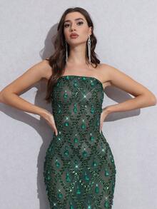 Modphy Women Sexy Luxurious Sparkling Rhinestone Sequin Mesh Fitted Tube Dress, Formal Gown For Wedding, Banquet, Party, Holiday, Wedding Guest Dress, Evening Dress