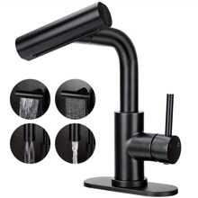A 4-In-1 Bathroom Faucet, Matte Black Modern Single-Handle Pull-Out Bathroom Sink Faucet, 1 Hole Or 3 Holes, With Pop-Up Drain And Base Mounting Plate, Stainless Steel Faucet For Bathroom Sink Vanity