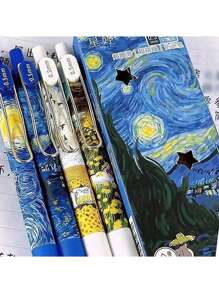 4pcs Van Gogh Starry Sky Pattern Gel Pens, Retractable, Quick Drying Ink, Student Exam, Office, Signature Black Pens - Black - View 2
