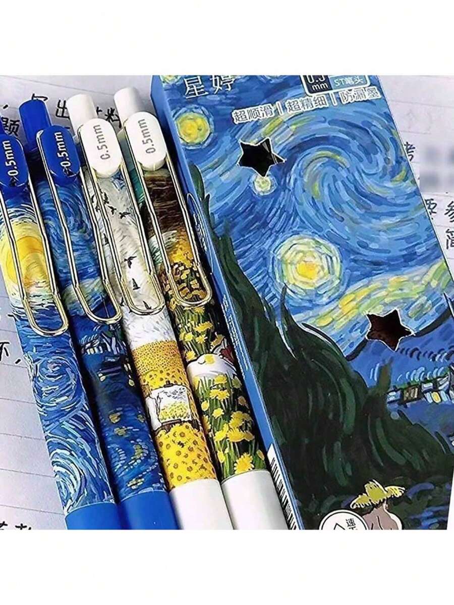 4pcs Van Gogh Starry Sky Pattern Gel Pens, Retractable, Quick Drying Ink, Student Exam, Office, Signature Black Pens