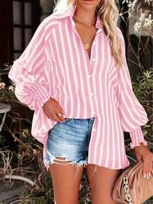 Women Striped Print Loose Casual Long Sleeve Shirt