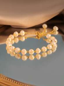 Baroque Shaped Freshwater Pearl Bracelet Pull-Out Daily Minimalist Mother's Day Gift - Gold - View 3