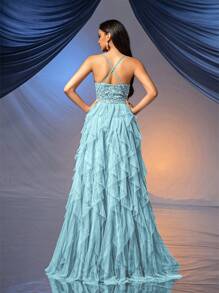 Elisanya Vestido formal de estilo hada para mujer, vestido de noche romántico para bodas, fiestas, eventos de caridad. Vestido de gala de color liso sin espalda con lentejuelas y de tul - Azul menta - Ver 2