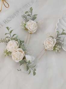3pcs Rose Casual Fabric Floral Set, Bride Rose Headpiece, Wedding Flower Headband & Hair Clips Bridal Wedding Gift, Thanksgiving Gift For All Seasons - White - View 8