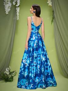 Robe de demoiselle d'honneur longue, col en V, débardeur, satin, imprimé, élégante, fente haute, nouvelle arrivée, Mgiacy