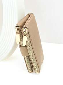 Women's Short Wallet, Soft PU Leather, Solid Color, Fashion Splicing, Exquisite Buckle, Large Capacity Multi-Card Slots Multi-Function Card Holder Document Organizer Pouch, Young Zippers Coin Purse, Compact & Lightweight, Suitable For Holiday Gifts - Apricot - View 2