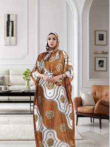 1pc Women Floral Printed Faux Silk Long Scarf With Hijab, Loose Plus Size Shawl For Homewear, Suitable For Summer & Autumn, Indoors And Air-Conditioned Rooms, Abaya Hijab, Modest Kaftan