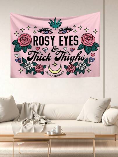 1pc Floral & Letter Print Tapestry, Polyester Hanging Wall Decoration For Living Room, Bedroom, Office, Home Decor, Party Decoration, Rectangular Kitchen Wall Hanging Cloth With Draping Effects, Includes 3 Wall Nails And 2 Clips