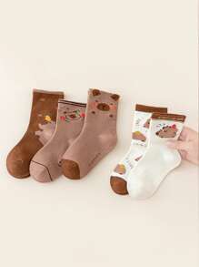 5 Pairs Cute Capybara Print Kids Socks, Adorable Capybara Mid-Calf Socks, Wearable In All Seasons - Brown - View 7