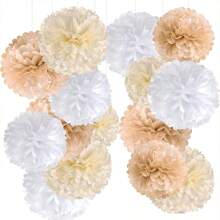 16pcs Wedding Party Decor White, Cream, Brown 10in Paper Flowers Balls*6, String Paper Flower Ball Set, Birthday Party Background Decor Pompoms, Suitable For Festivals, Anniversaries, Valentine's Day Decorations