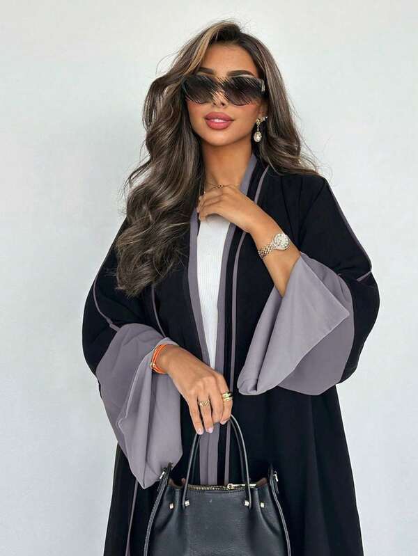 1pc Color Block Elegant Casual Sophisticated Cardigan, Fabric Crafting Delicate Refined Fashionable Generous, No Headscarf Included, Modest Kaftan