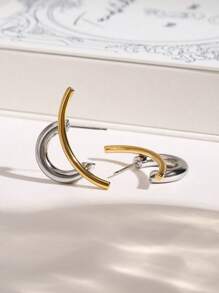 Uworld 1 件女士未完成对称金银对比线耳环 18K 金不锈钢耳环适合日常交流装饰派对和旅行 - 拼色線條耳環 - 查看 4