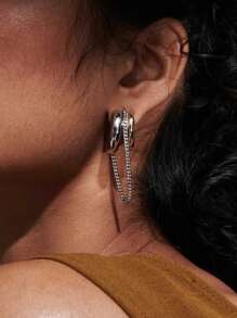 Uworld 1pc Women's Streamlined Symmetrical Gold And Silver Color Blocked C-Shaped Tassel Line Earrings 18K Gold Stainless Steel Earrings Suitable For Daily Communicating Decoration Party And Travel