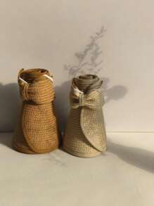 Straw Hat With Hollow Top For Women, British Style Straw Hat, 2025 New Style, Topless Sun Hat, Ladies Bow Sun Hat, Seaside Holiday Sun Hat, Summer Hat - Khaki - View 3