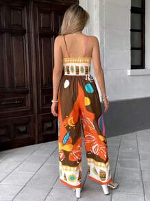 Femmes Été Mode Sexy Combinaison à Bretelles Spaghetti avec Nœud à l'avant Imprimé Floral, Pantalon Jambe Large Convient pour Vacances Loisirs, Déplacements Quotidiens, Plage Voyage - orange - Voir 2