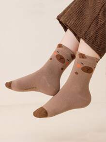 5 Pairs Cute Capybara Print Kids Socks, Adorable Capybara Mid-Calf Socks, Wearable In All Seasons - Brown - View 3