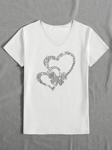 JOYY Heart Arrangement Print Blouse, Elegant V-Neck Short Sleeve Women's Graphic T-Shirt, Casual Everyday Wear, Suitable For Spring/Summer